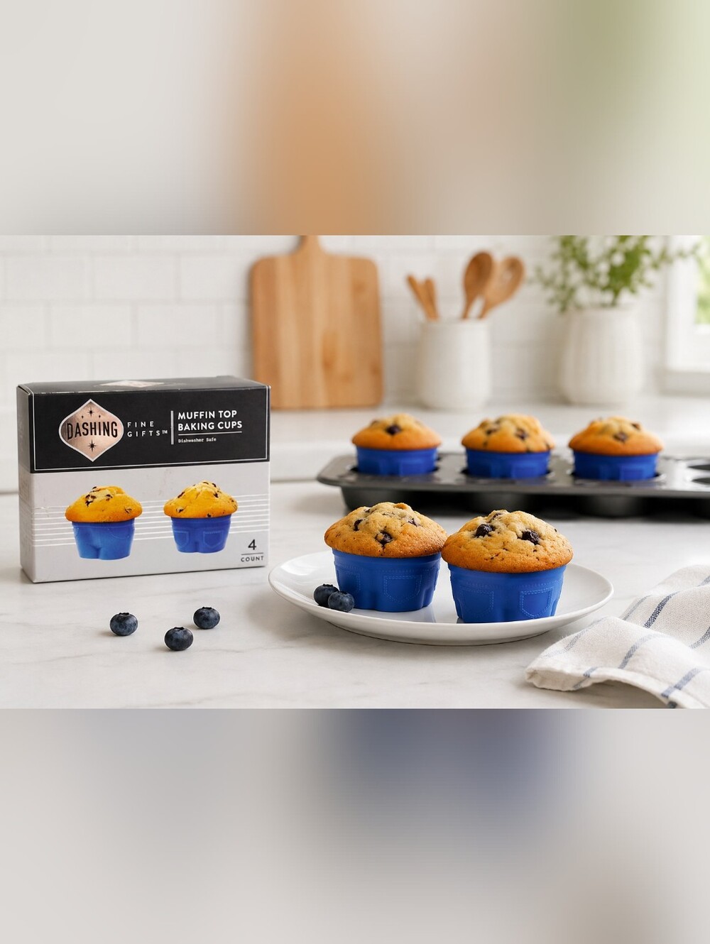 Dashing Fine Gifts Silicone Muffin Top Baking Cups Set of 4 Blue Reusable Cupcak